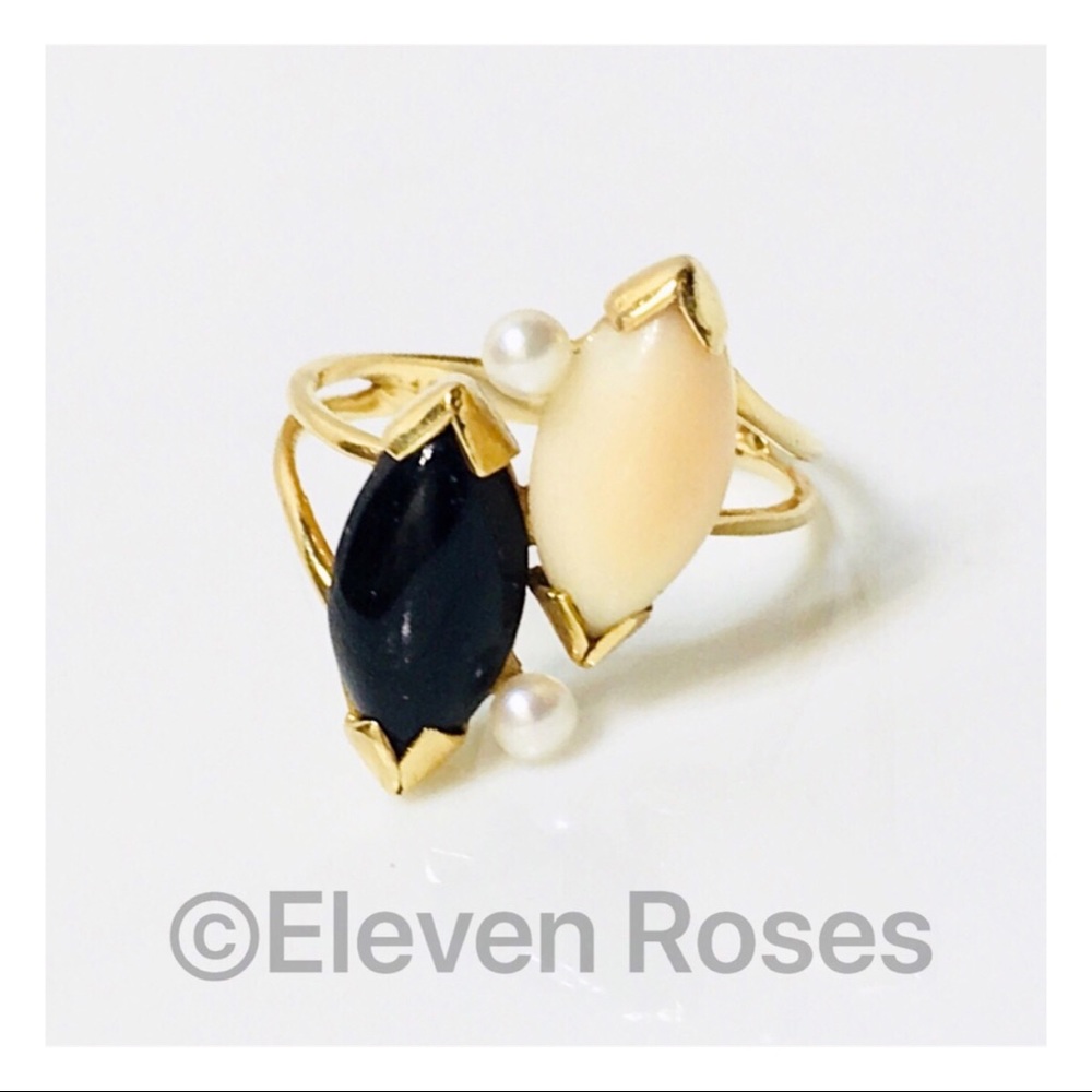 14k Angel Skin Coral Black Onyx Pearl Bypass Ring